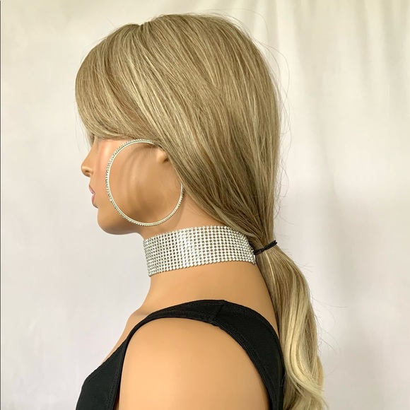 Long Ash Blonde Curling Iron Safe Fiber Wig with Bangs/Effortless Style - Picture 9 of 15